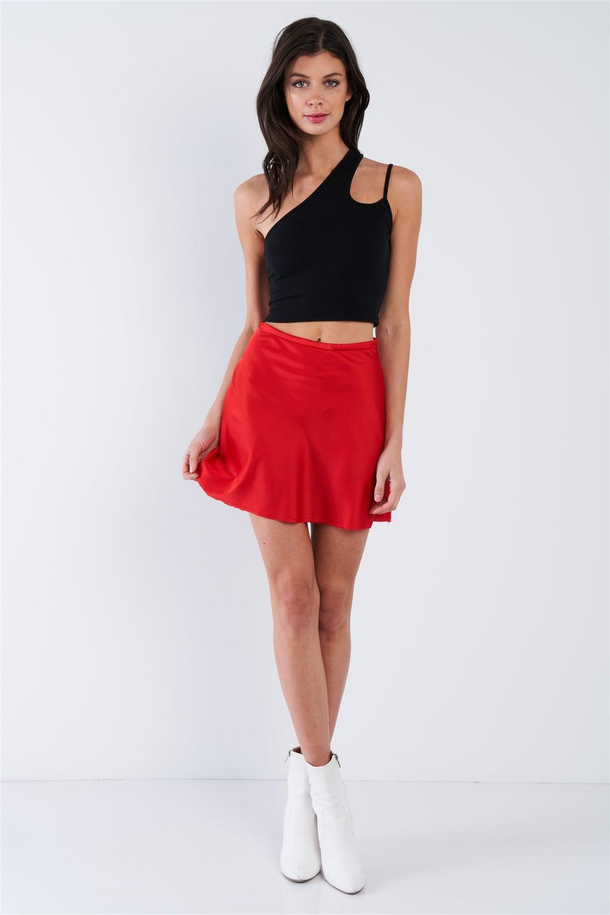 Red Silk Flare Raw Hem Solid Mini Skirt  /3-2-1