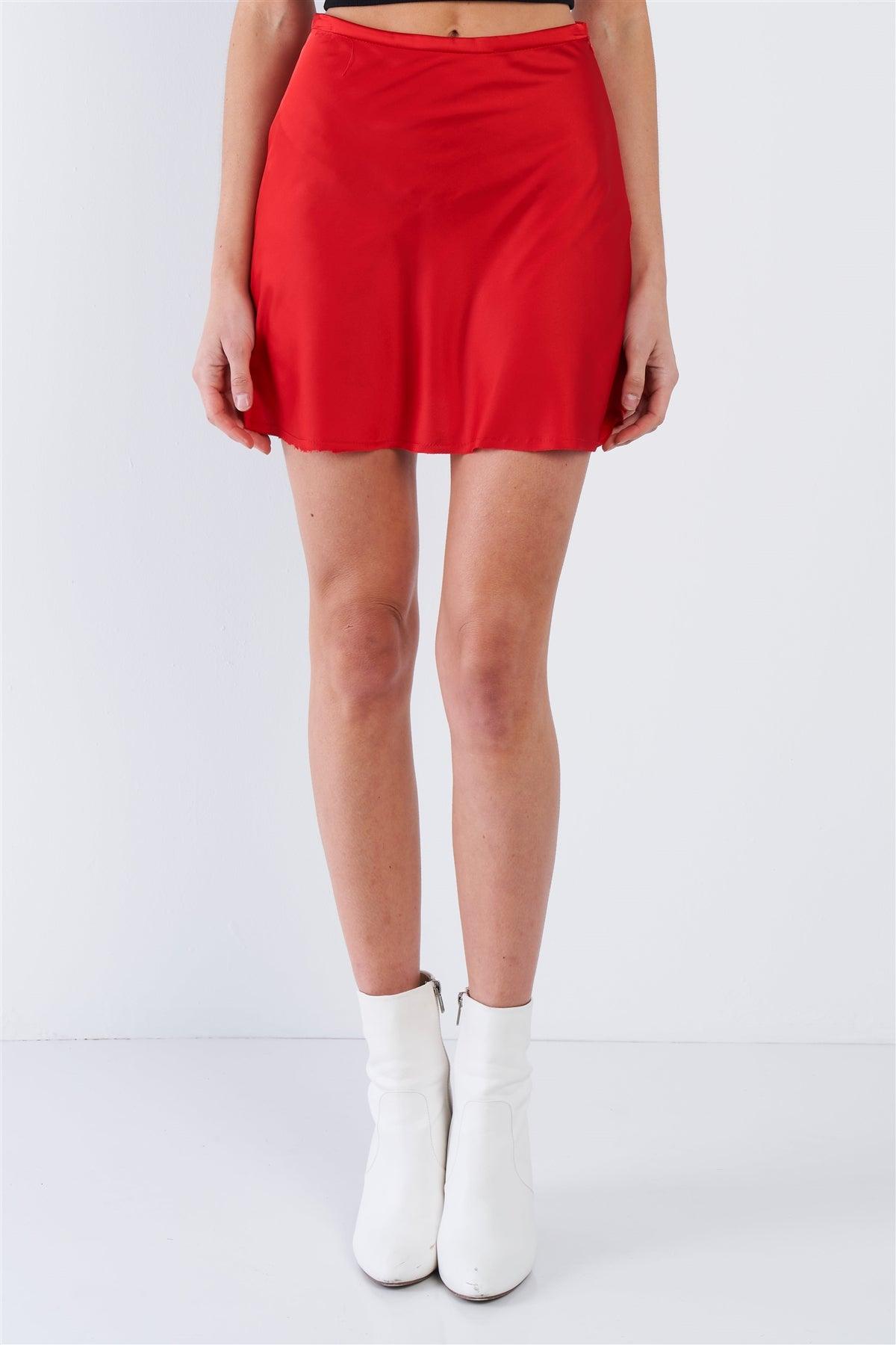 Red Silk Flare Raw Hem Solid Mini Skirt  /3-2-1