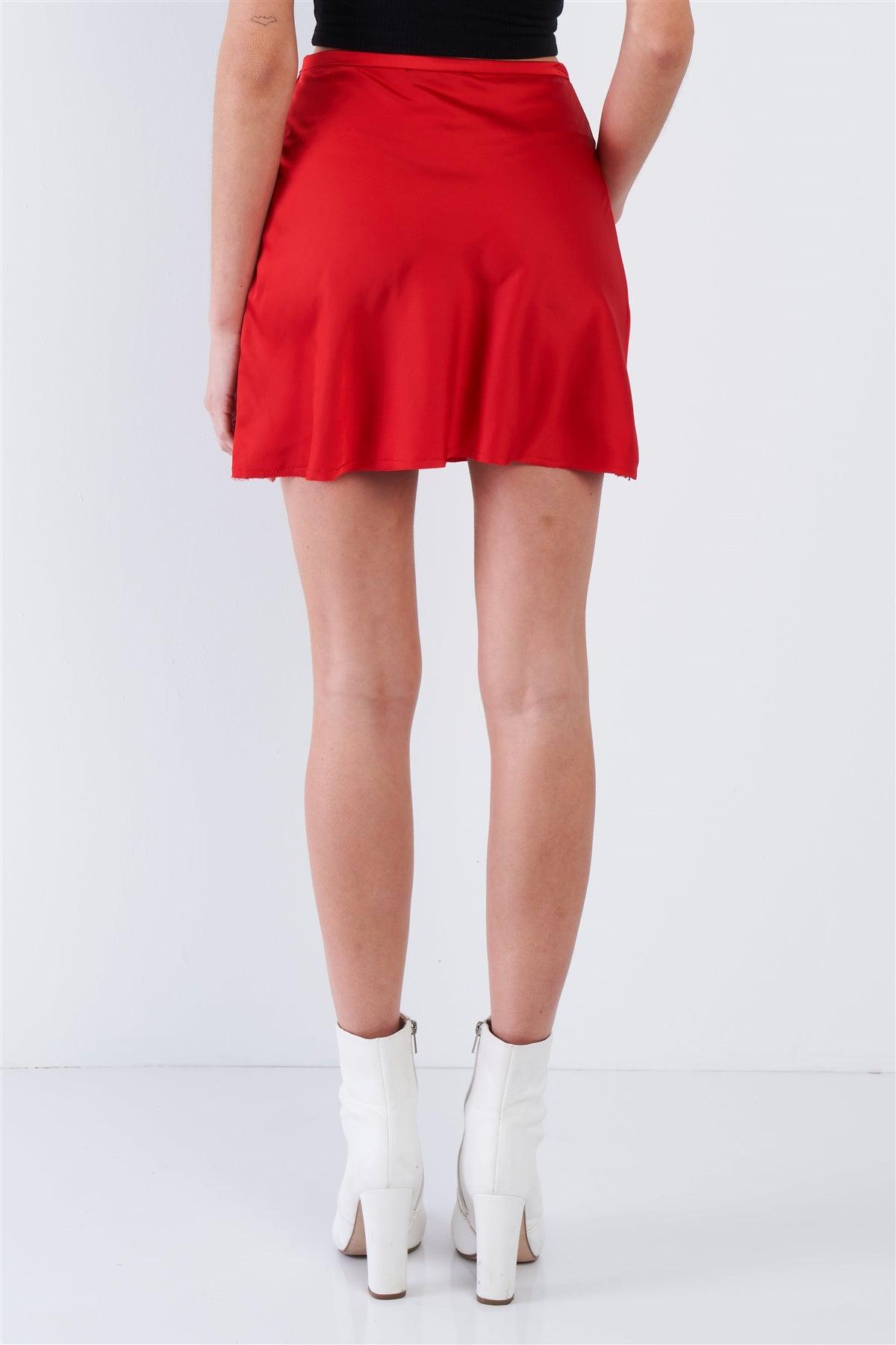 Red Silk Flare Raw Hem Solid Mini Skirt  /3-2-1