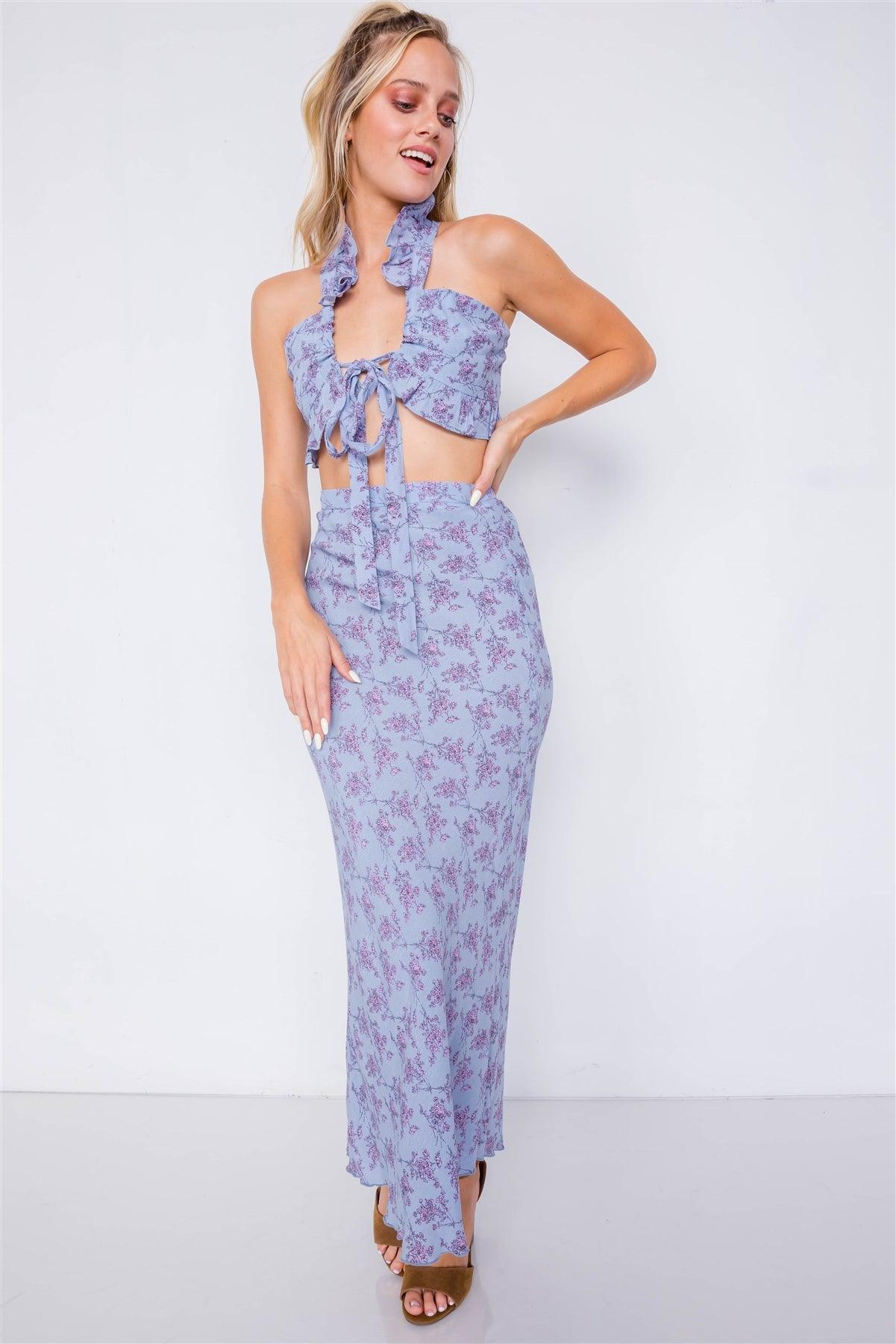 Flower Mini Boho Print Lace Up Crop Top & High-Waist Frill Trim Maxi Skirt Set /3-2-1