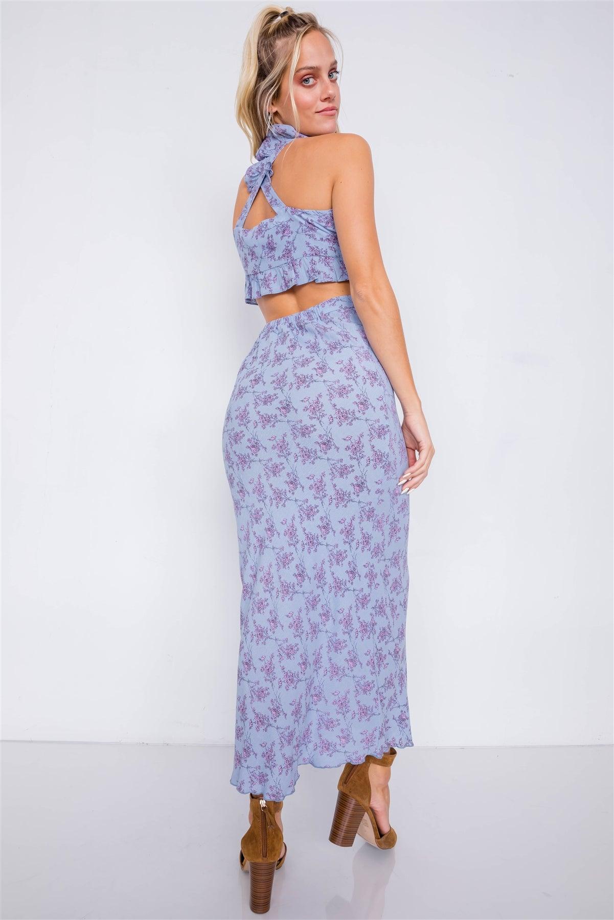 Flower Mini Boho Print Lace Up Crop Top & High-Waist Frill Trim Maxi Skirt Set /3-2-1