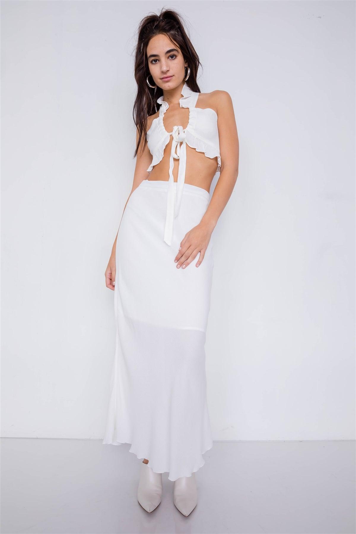 Off-White Mini Boho Lace Up Crop Top & High-Waist Frill Trim Maxi Skirt Set /3-2-1