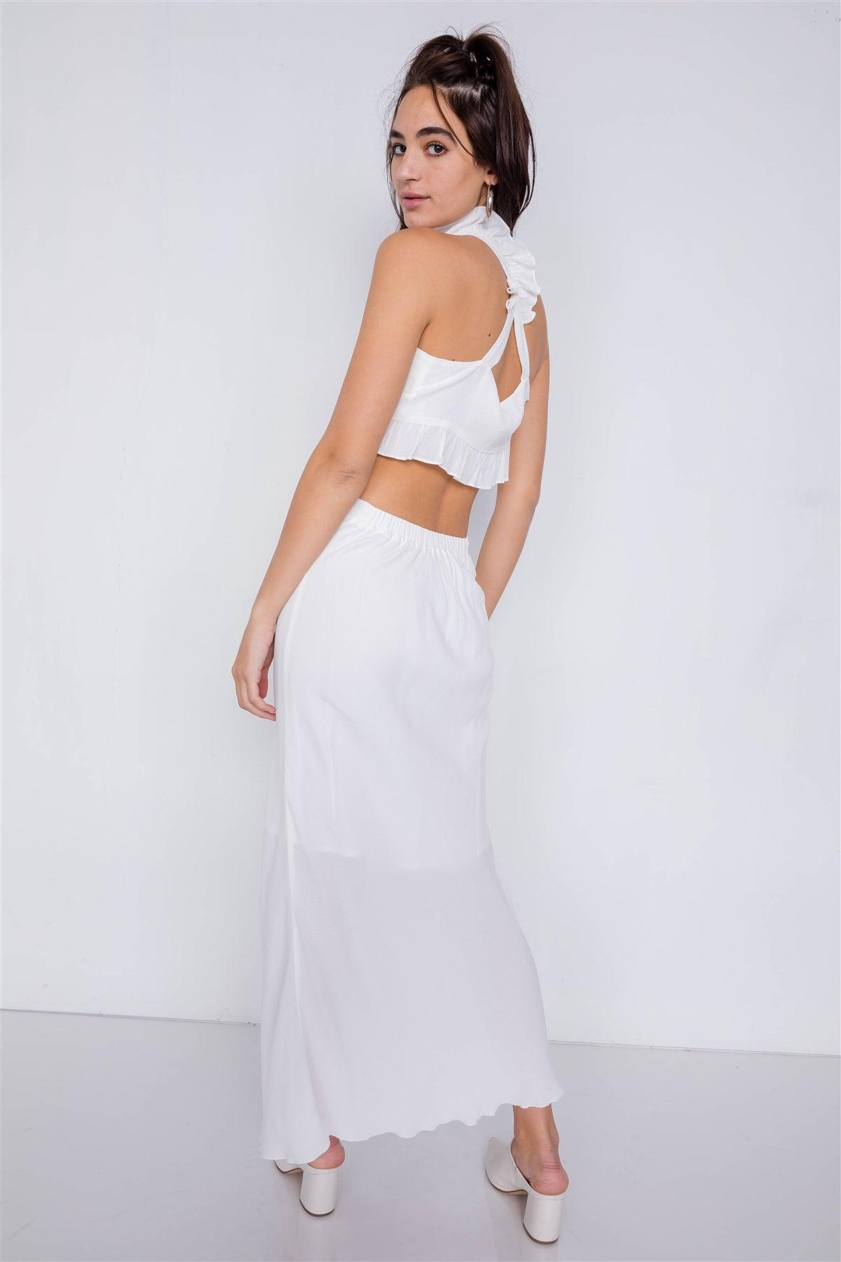 Off-White Mini Boho Lace Up Crop Top & High-Waist Frill Trim Maxi Skirt Set /3-2-1