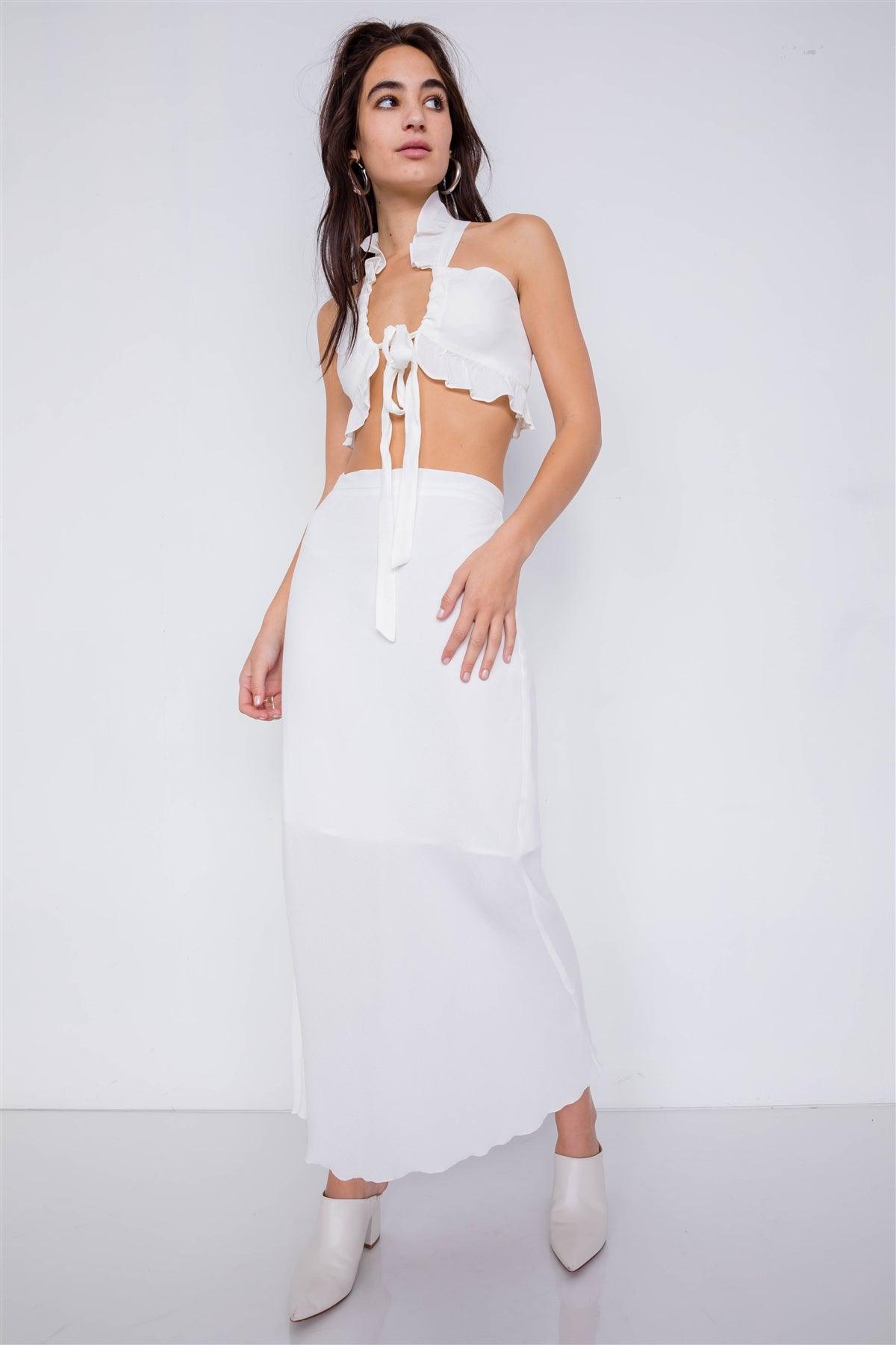 Off-White Mini Boho Lace Up Crop Top & High-Waist Frill Trim Maxi Skirt Set  /4-2-1