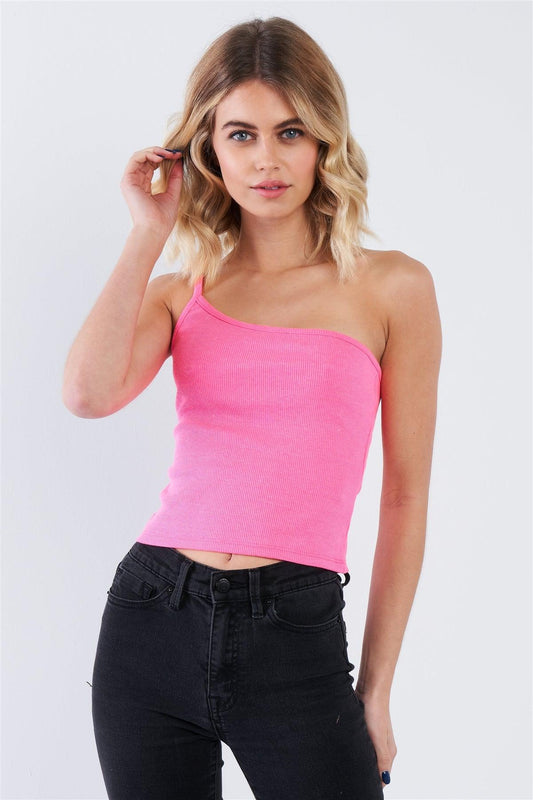 Sleeveless Neon Pink One Shoulder Rib Knit Top