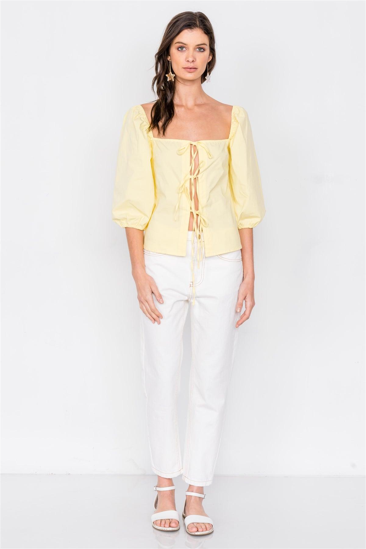 Yellow Square Neck Front Tie Cut Out Top /4-2-1