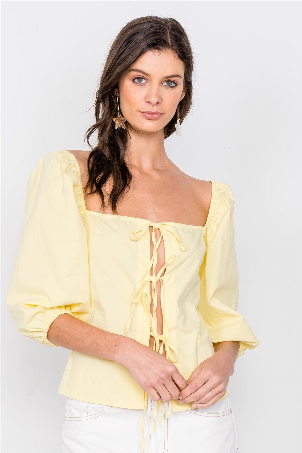 Yellow Square Neck Front Tie Cut Out Top /4-2-1