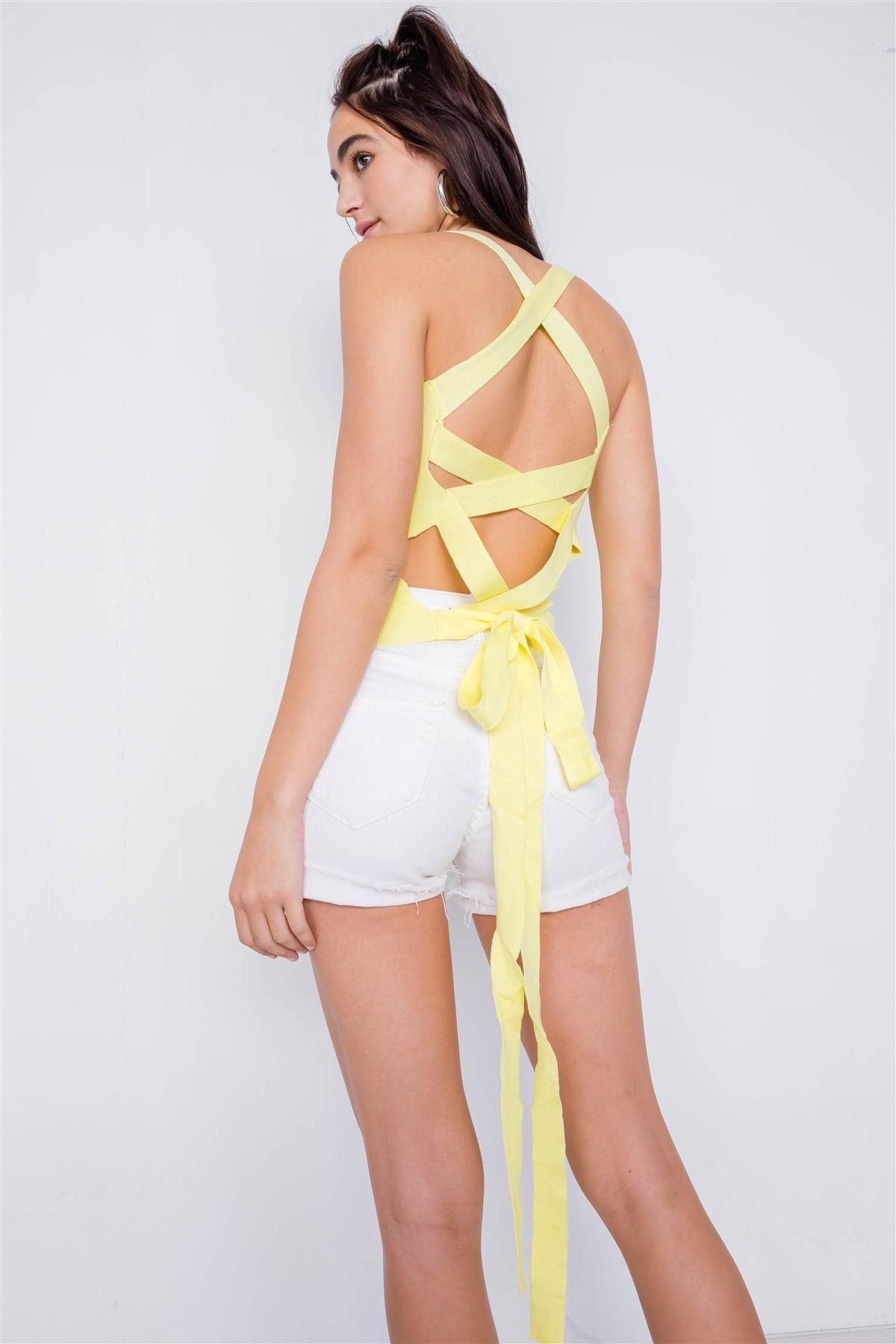 Yellow Lace-Up Open Back Sleeveless Crop Top /3-2-1