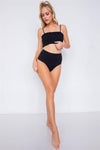 Black Ruched Square Neck High Waist Bikini Set /1-1-1