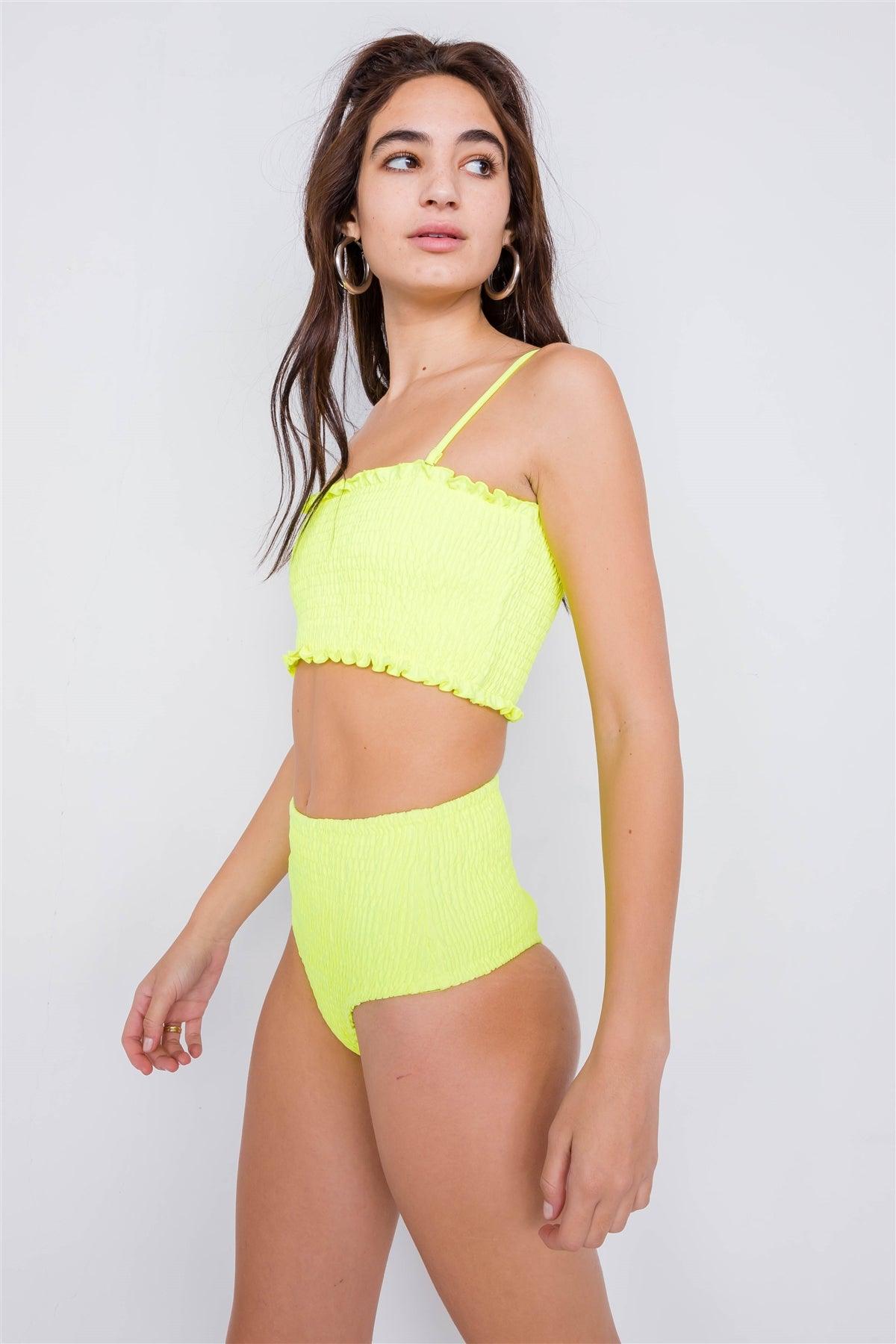 Neon Yellow Ruched Square Neck High Waist Bikini Set /4-2-1