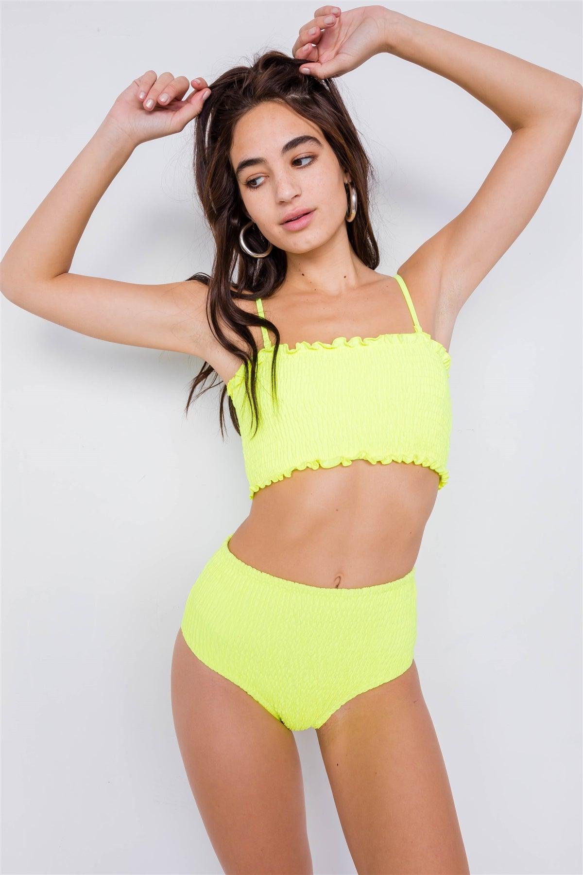 Neon Yellow Ruched Square Neck High Waist Bikini Set /4-2-1