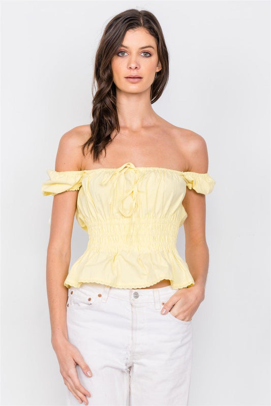 Yellow Puff Cap Sleeve Eyelet Scallop Trim Peplum Top /3-2-1