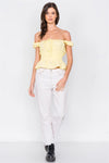 Yellow Puff Cap Sleeve Eyelet Scallop Trim Peplum Top /4-2-1