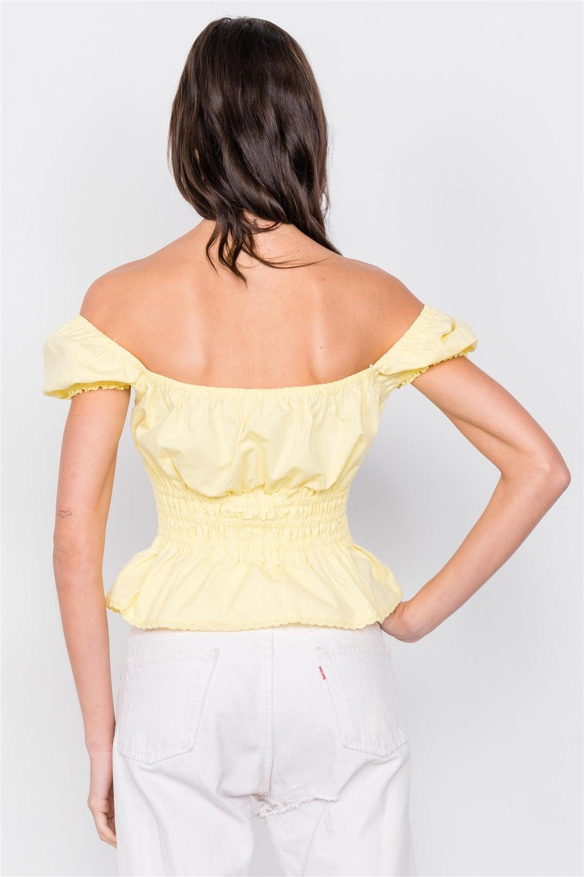 Yellow Puff Cap Sleeve Eyelet Scallop Trim Peplum Top /4-2-1