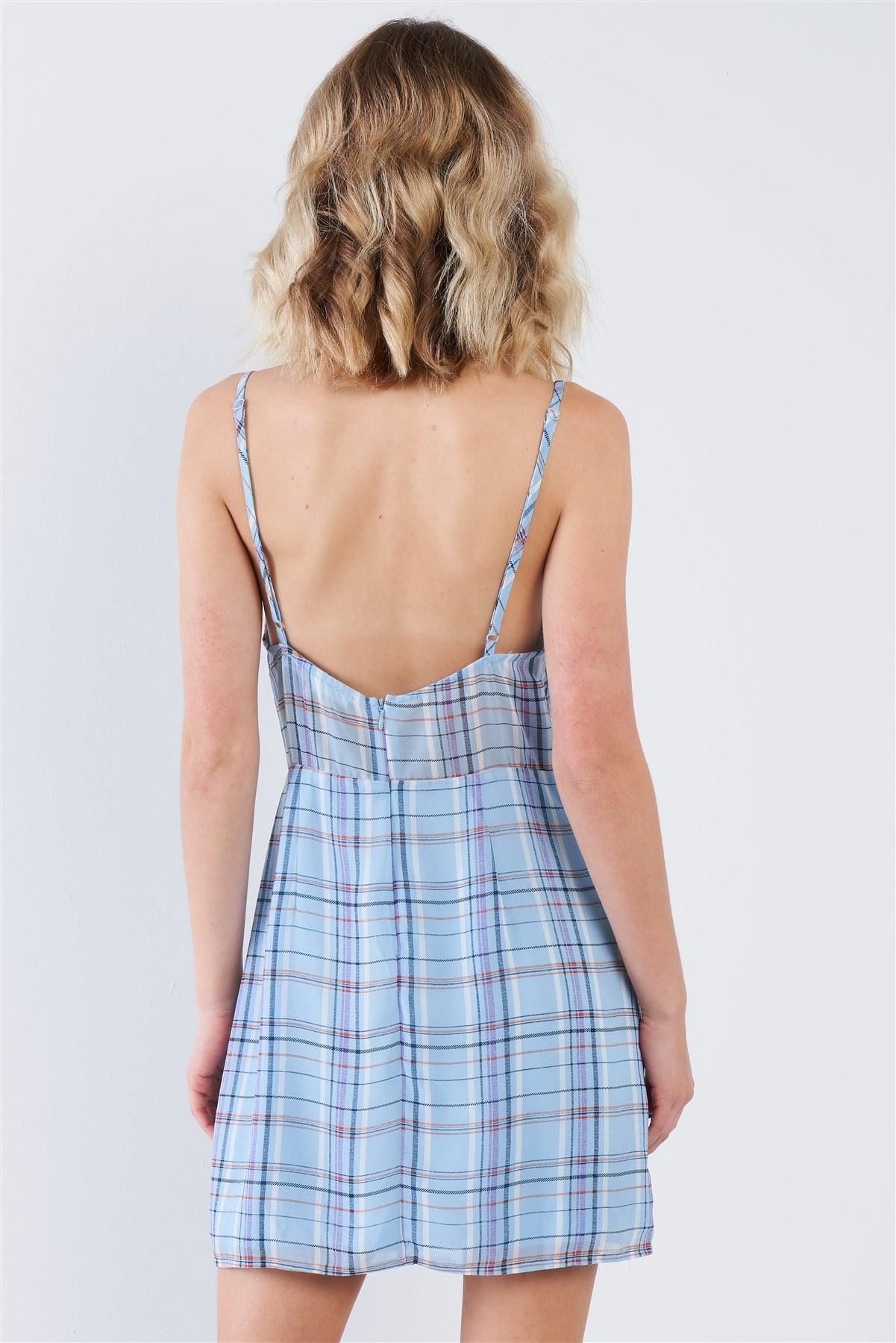 Sky Blue Sheer Multi Strip Open Back Mini Chic Dress  /3-2-1