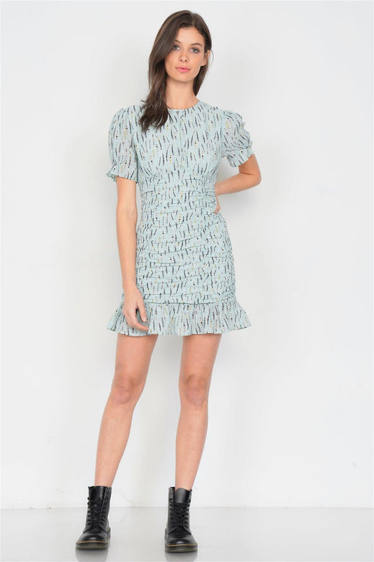 Mint Boho Print Mini Flounce Trim Hem Cap Sleeve Chiffon Dress /3-2-1