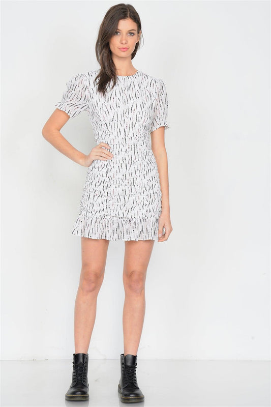 Off-White Boho Print Mini Flounce Trim Hem Cap Sleeve Chiffon Dress /4-2-1