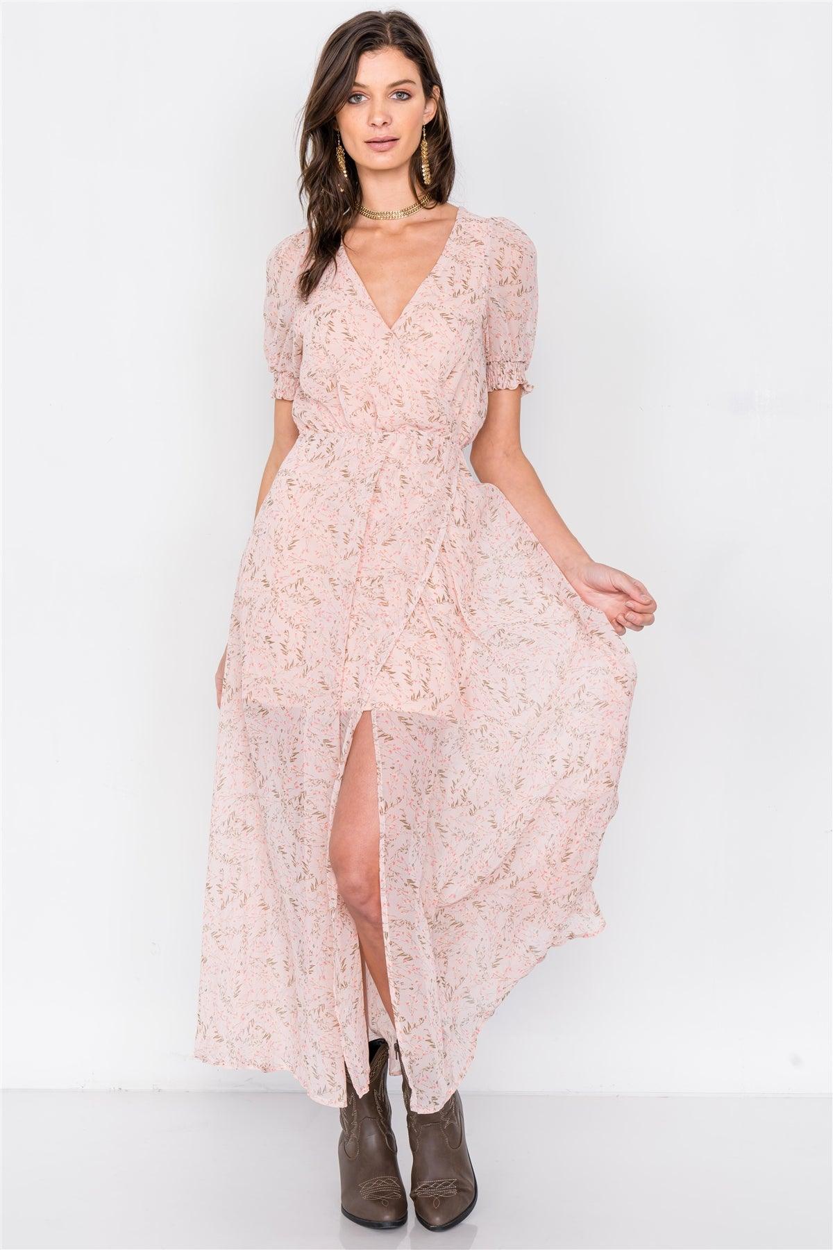 Dusty Rose Pink V-Neck Open Back Sheer Chiffon Maxi Dress  /2-2-1