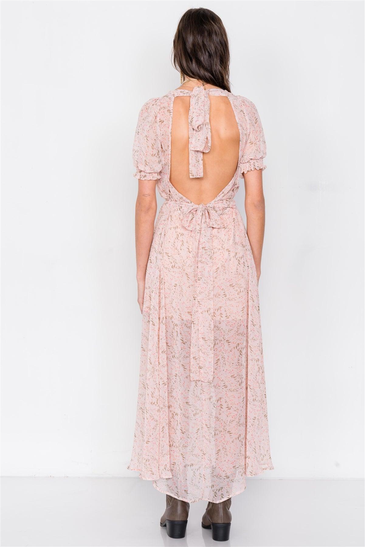 Dusty Rose Pink V-Neck Open Back Sheer Chiffon Maxi Dress  /2-2-1