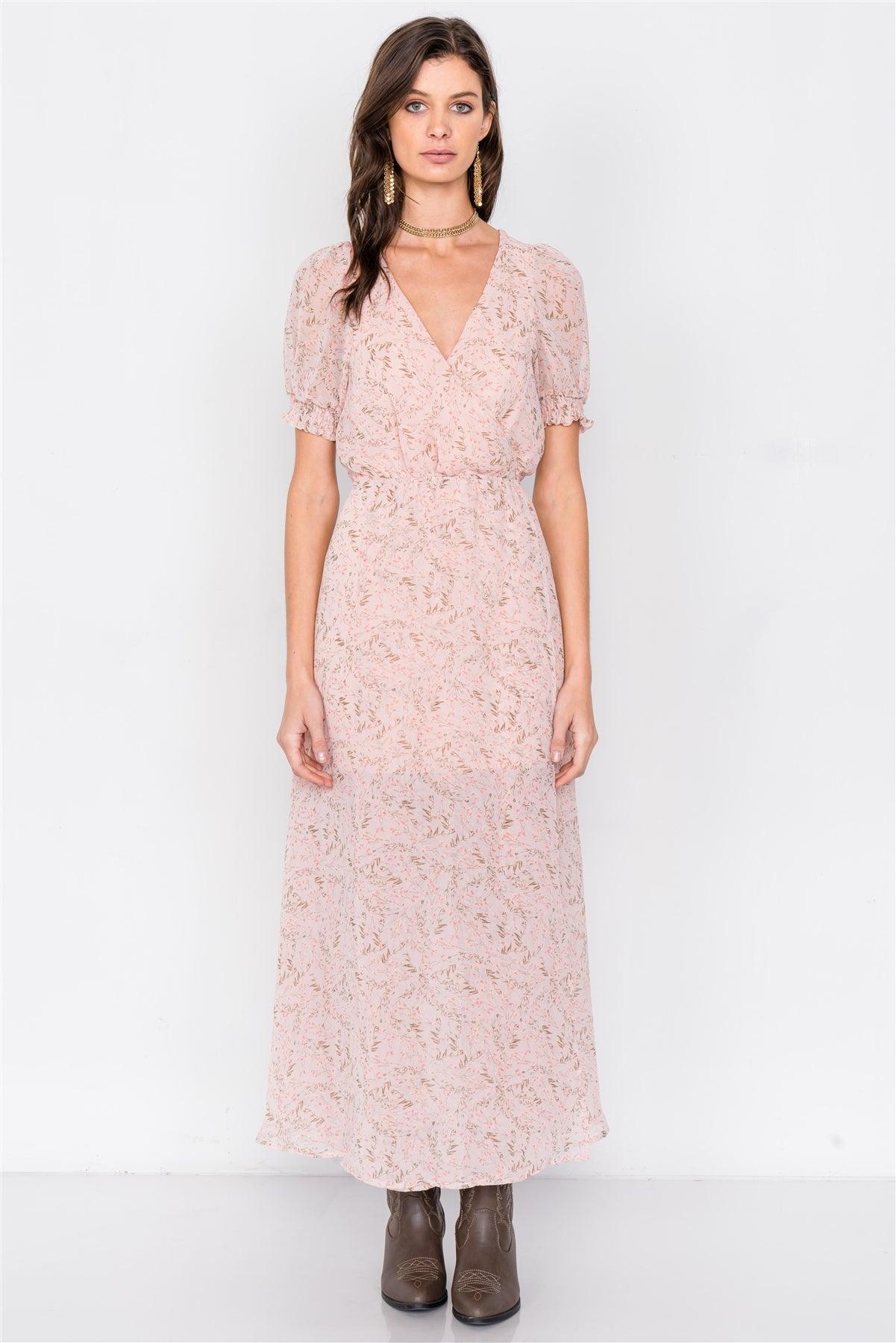 Dusty Rose Pink V-Neck Open Back Sheer Chiffon Maxi Dress  /2-2-1