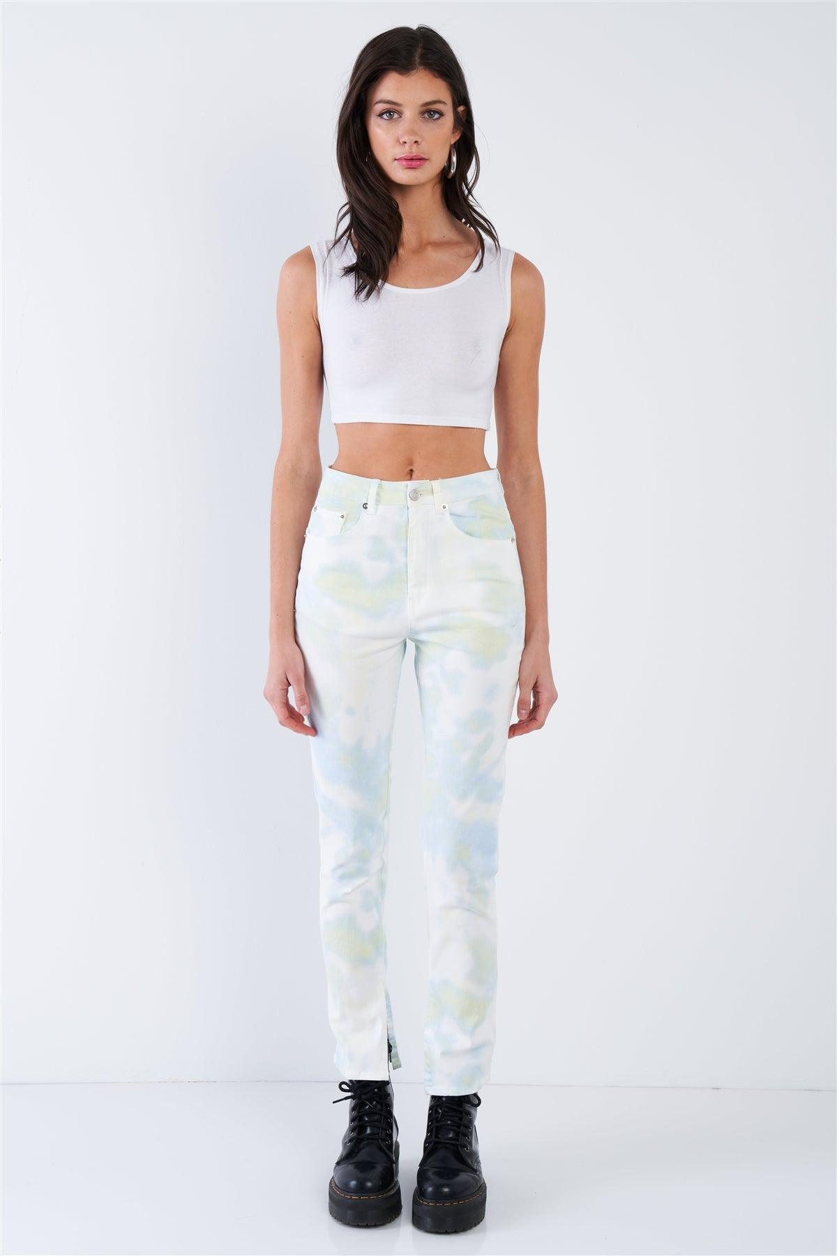 Lime Yellow Tie Dye Washed Denim High Waist Jeans   /3-2-1