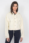 Ecru Beige Cotton Hooded Denim Crop Jean Chic Jacket /3-2-1