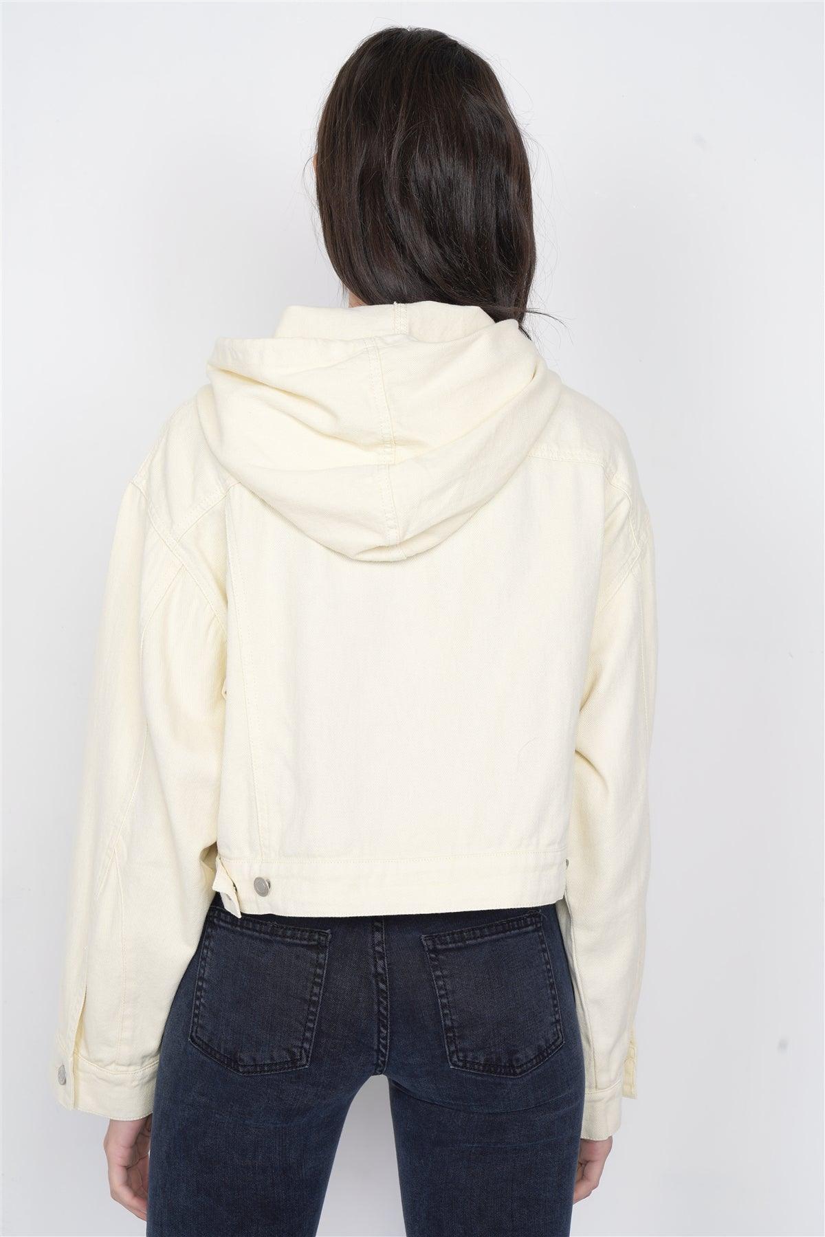 Ecru Beige Cotton Hooded Denim Crop Jean Chic Jacket /3-2-1