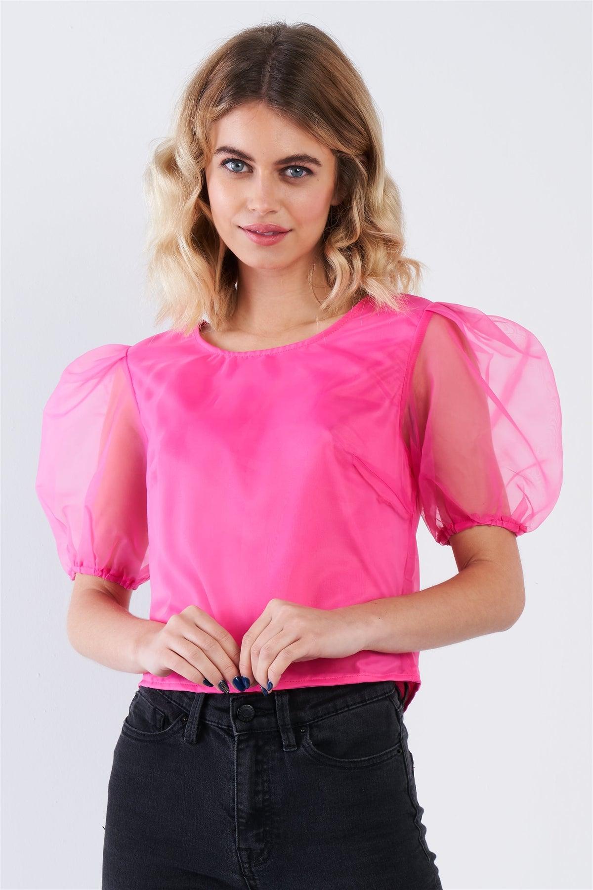 Hot Pink Sheer Puff Sleeve Retro Top  /3-2-1