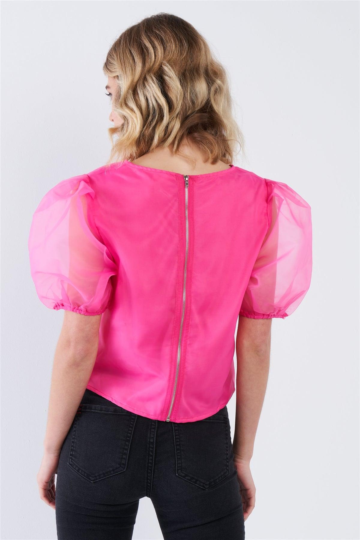 Hot Pink Sheer Puff Sleeve Retro Top  /3-2-1