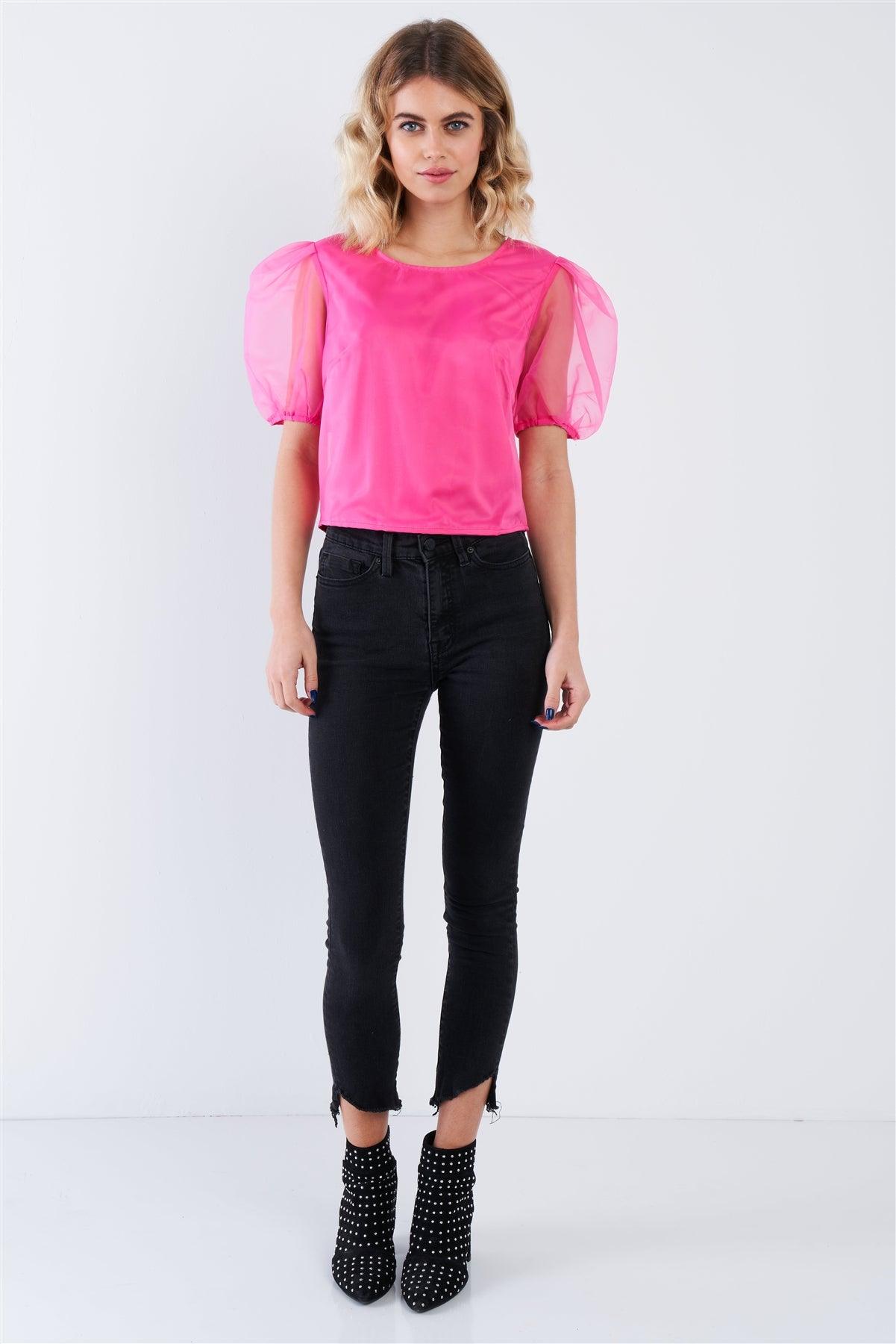 Hot Pink Sheer Puff Sleeve Retro Top  /3-2-1