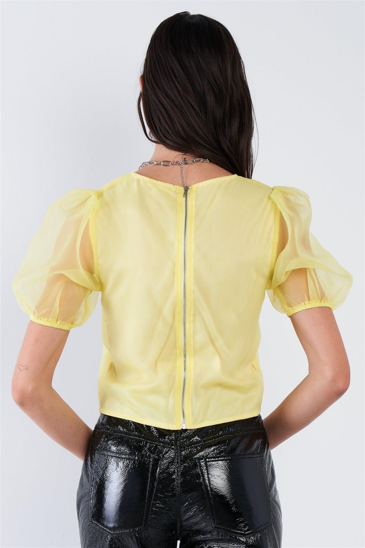 Yellow Sheer Puff Sleeve Retro Top  /3-2-1