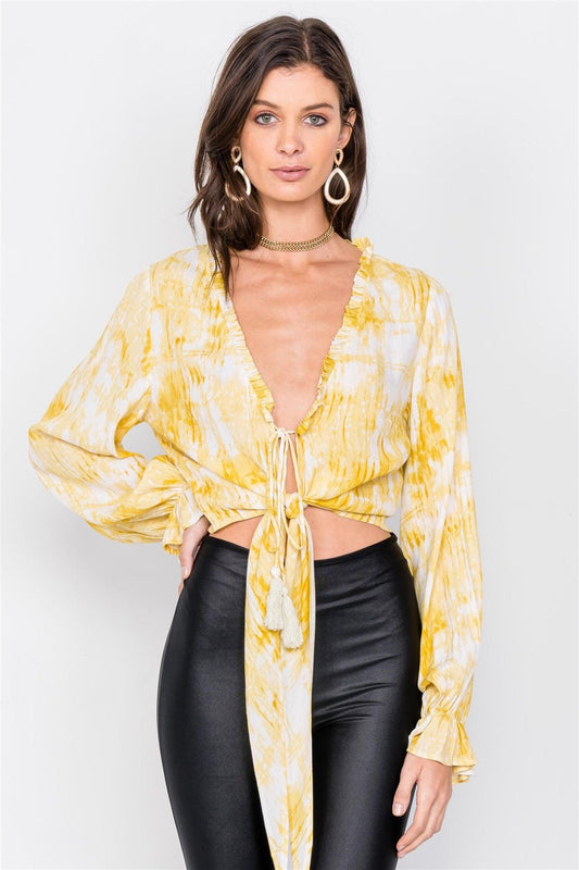 Yellow Tie Dye Open V-Neck Frill Detail Self Tie Crop Top  /3-2-1