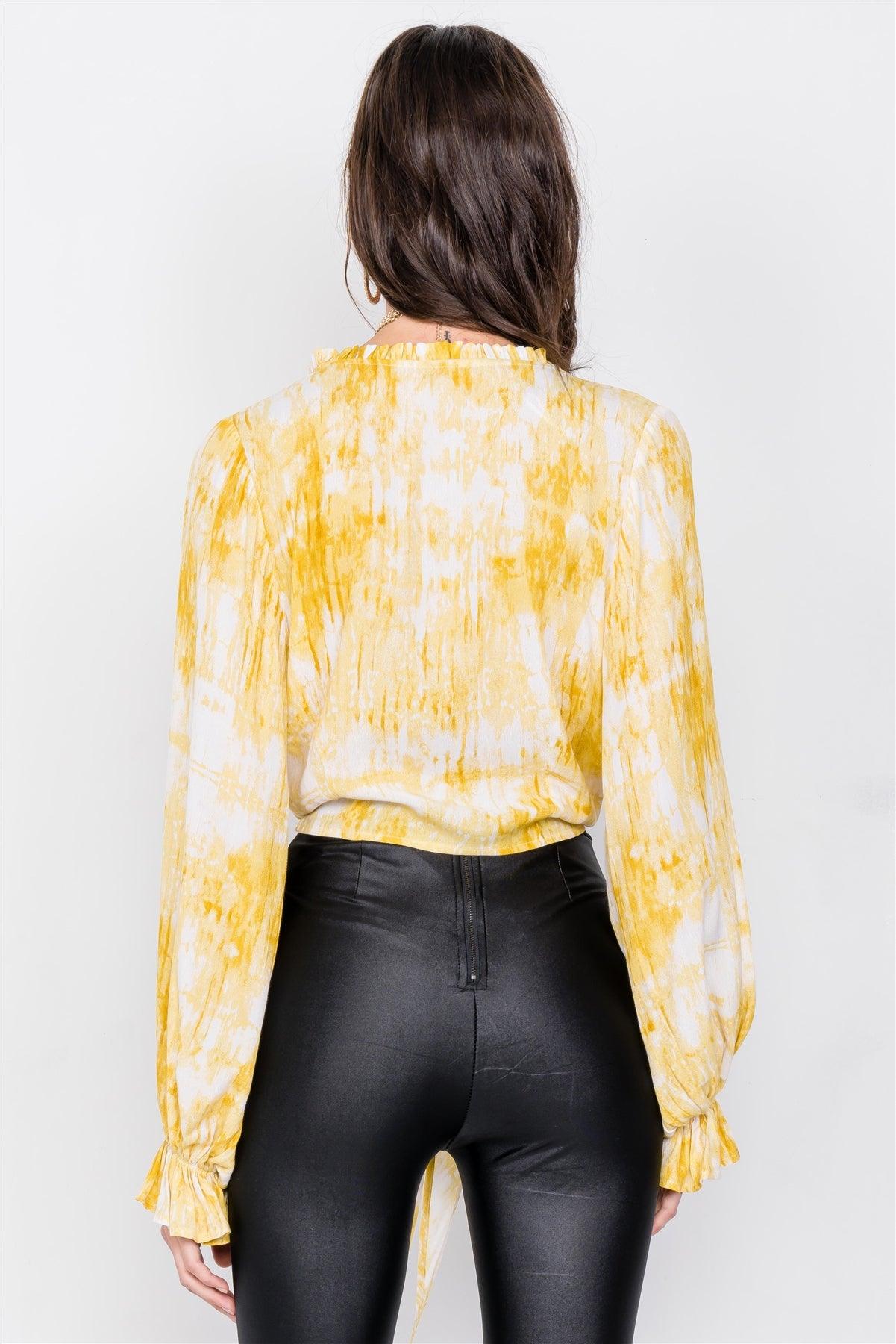 Yellow Tie Dye Open V-Neck Frill Detail Self Tie Crop Top  /4-2-1