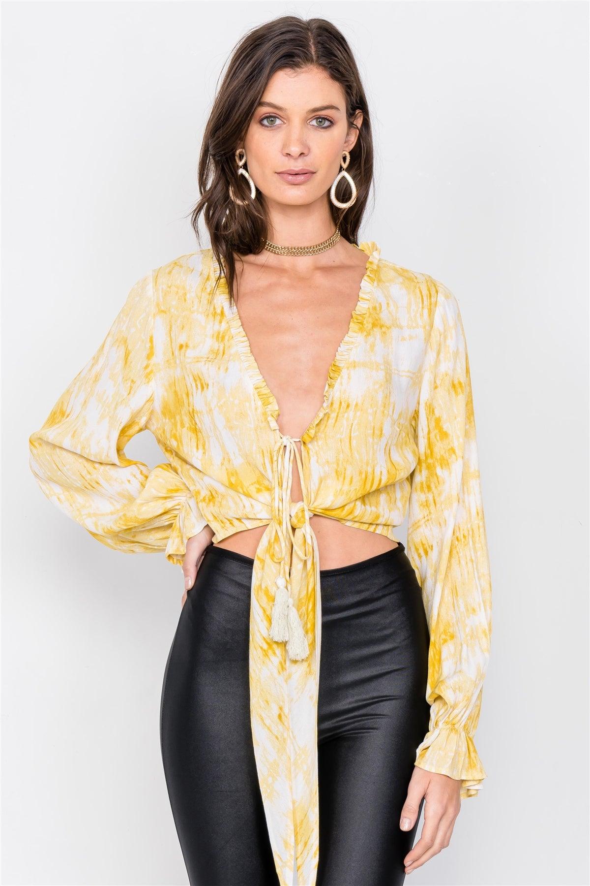 Yellow Tie Dye Open V-Neck Frill Detail Self Tie Crop Top  /4-2-1