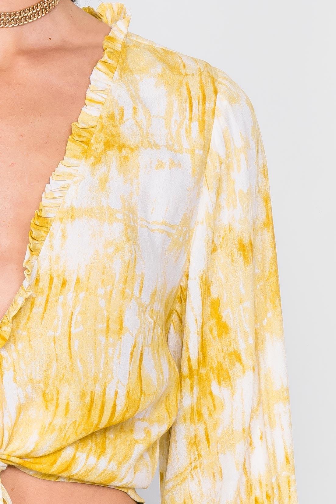 Yellow Tie Dye Open V-Neck Frill Detail Self Tie Crop Top  /4-2-1