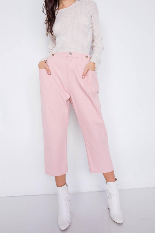 Pastel Dust Rose Chic Solid Ankle Wide Leg Adjustable Snap Waist Pants  /3-2-1