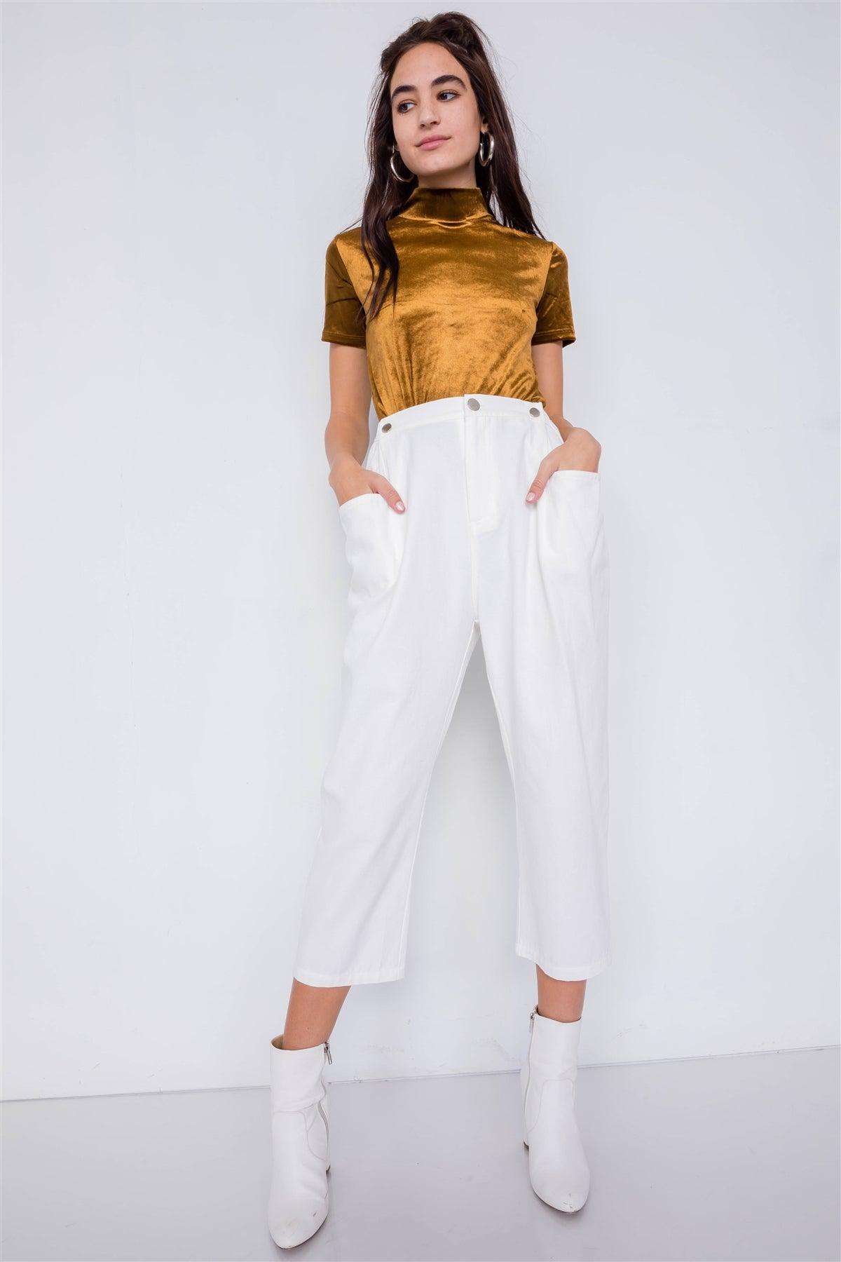 Off-White Chic Solid Ankle Wide Leg Adjustable Snap Waist Pants /3-2-1