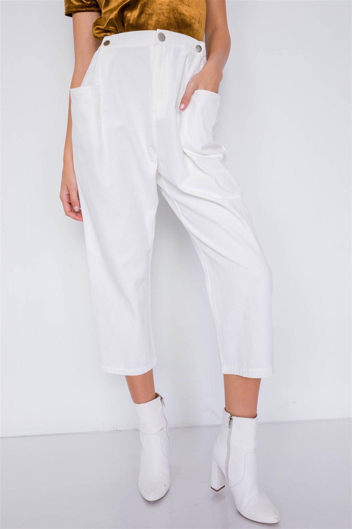 Off-White Chic Solid Ankle Wide Leg Adjustable Snap Waist Pants /4-2-1