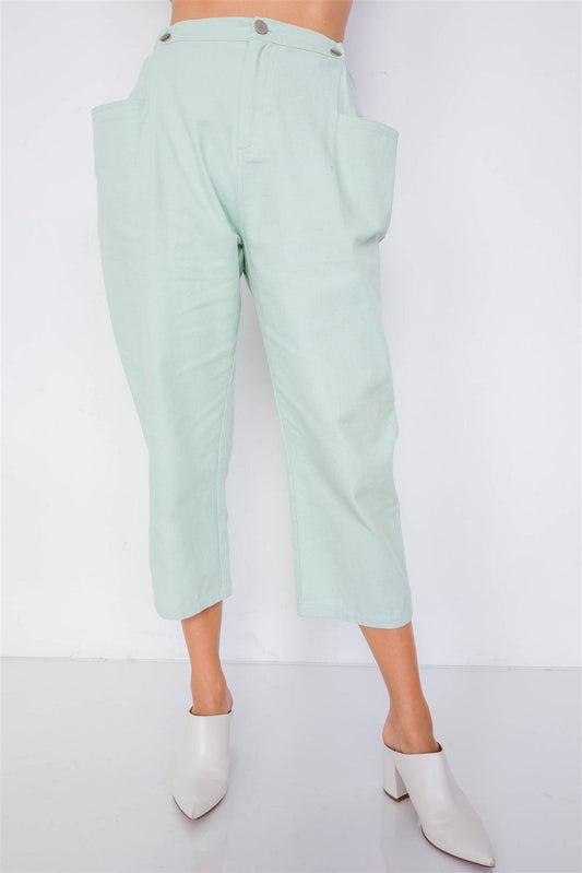 Pastel Sage Chic Solid Ankle Wide Leg Adjustable Snap Waist Pants /3-2