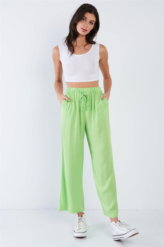 Neon Green Cotton Relaxed Fit Casual Wide Leg Ankle Pant   /3-2-1