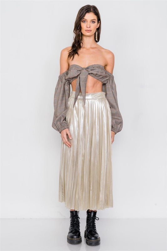 Gold Metallic Pleated Chic Midi Skirt