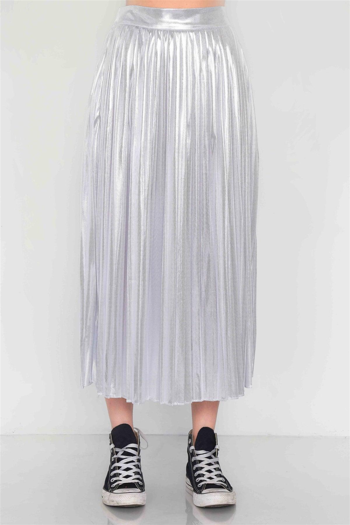 Silver Metallic Pleated Chic Midi Skirt /2-1-1