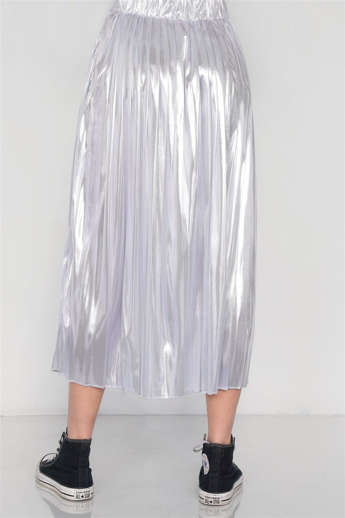 Silver Metallic Pleated Chic Midi Skirt /2-1-1