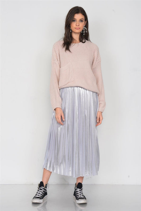 Silver Metallic Pleated Chic Midi Skirt