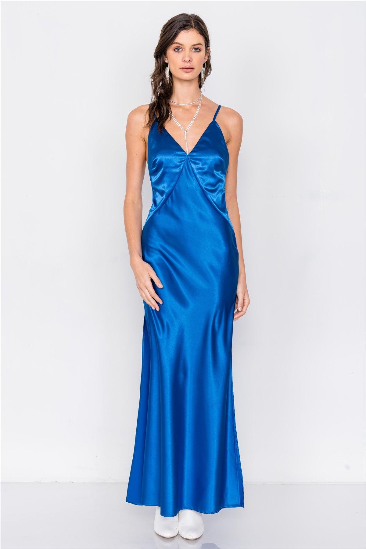 Blue Satin Elegant Double Slit Sleeveless Maxi Dress /3-2-1