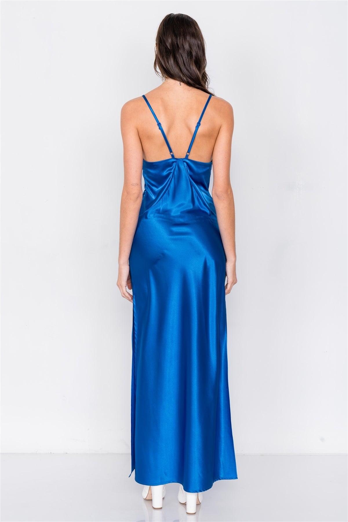 Blue Satin Elegant Double Slit Sleeveless Maxi Dress /3-2-1