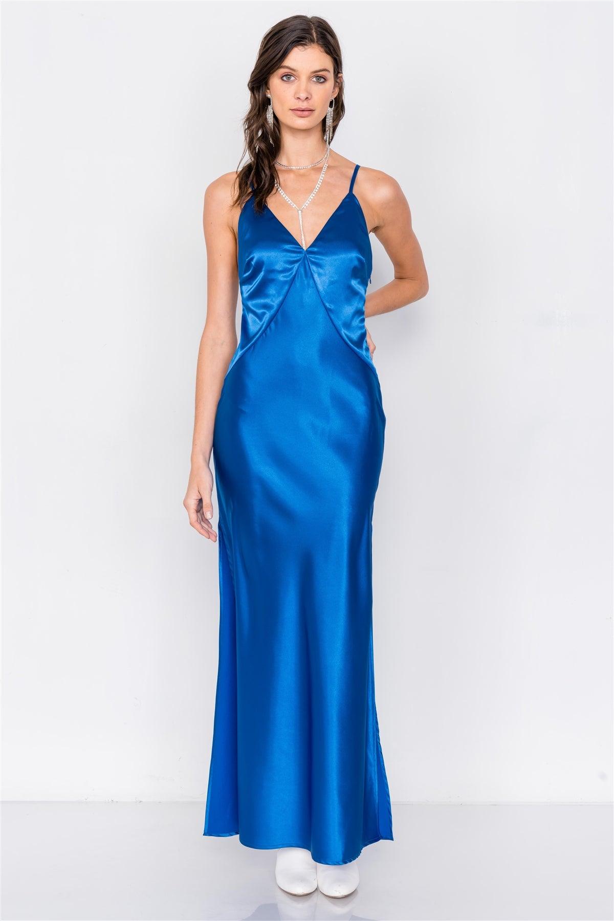 Blue Satin Elegant Double Slit Sleeveless Maxi Dress /3-2-1