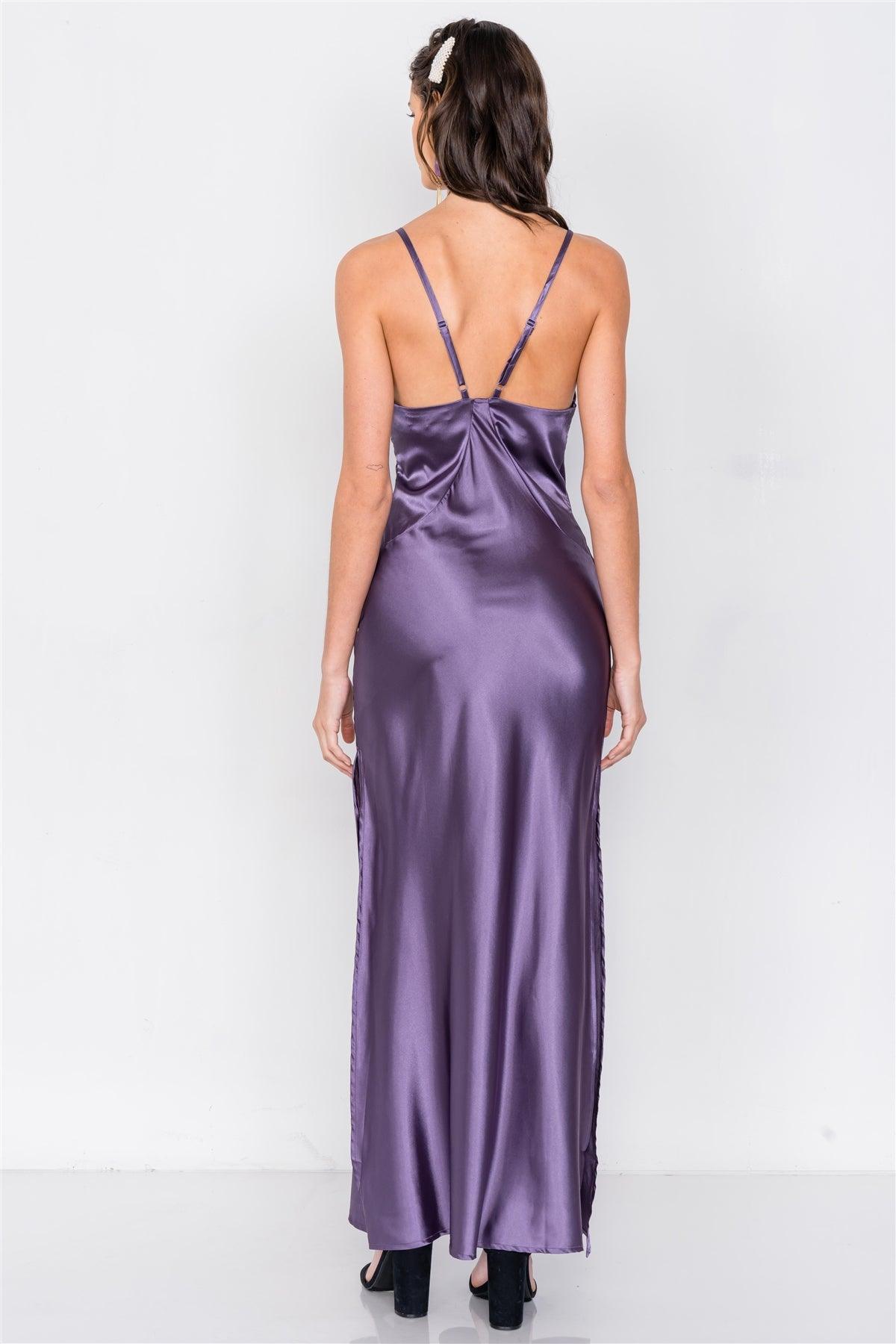 Eggplant Satin Elegant Double Slit Sleeveless Maxi Dress /3-2-1