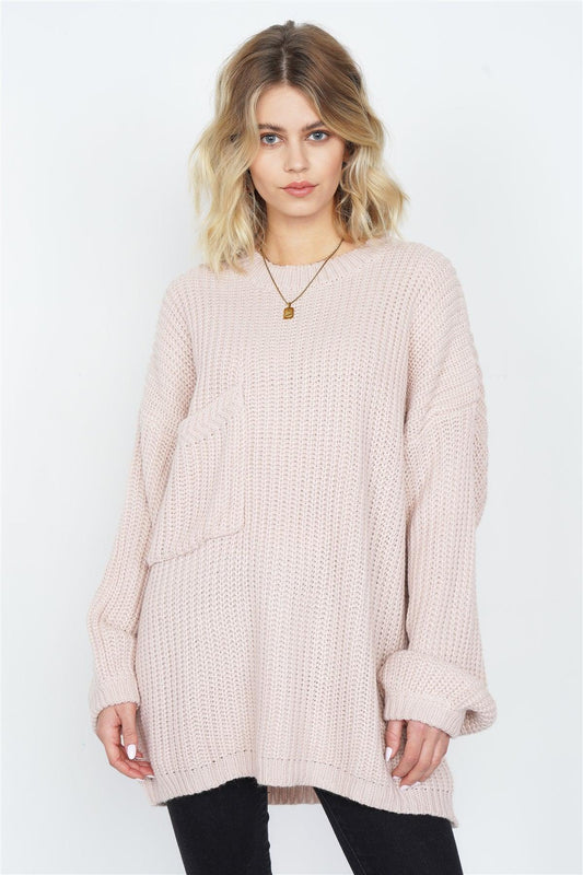 Taupe Rose Knit Relaxed Fit Puff Sleeve Comfy Sweater /4-2