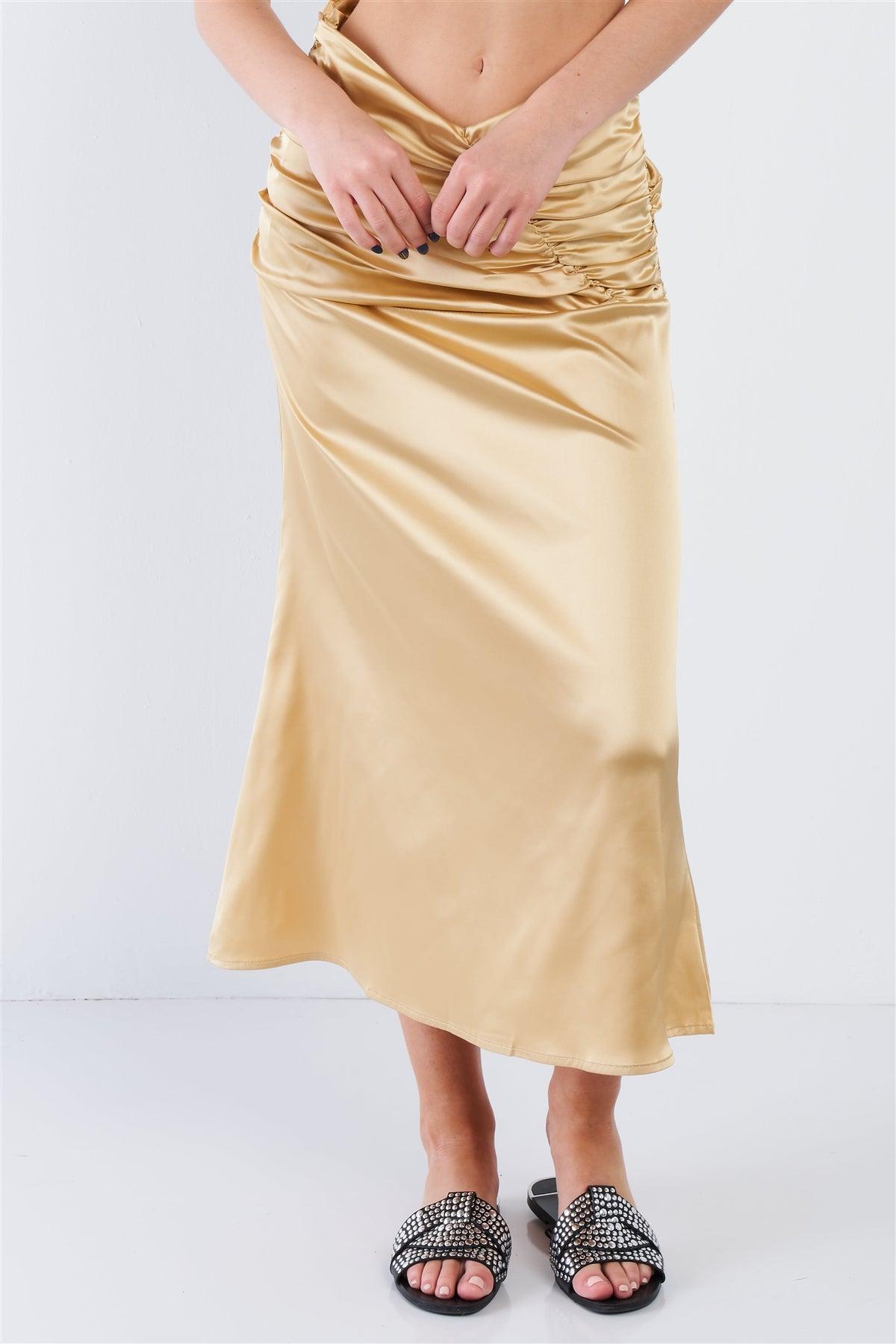 Golden Yellow Satin Ruffle Waist Midi Skirt /3-2-1